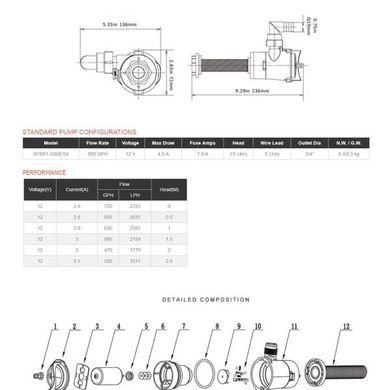 Помпа аэраторная. 800GPH, 12В. Под шланг 17-20 мм. Резьба 3/4 ". SEAFLO